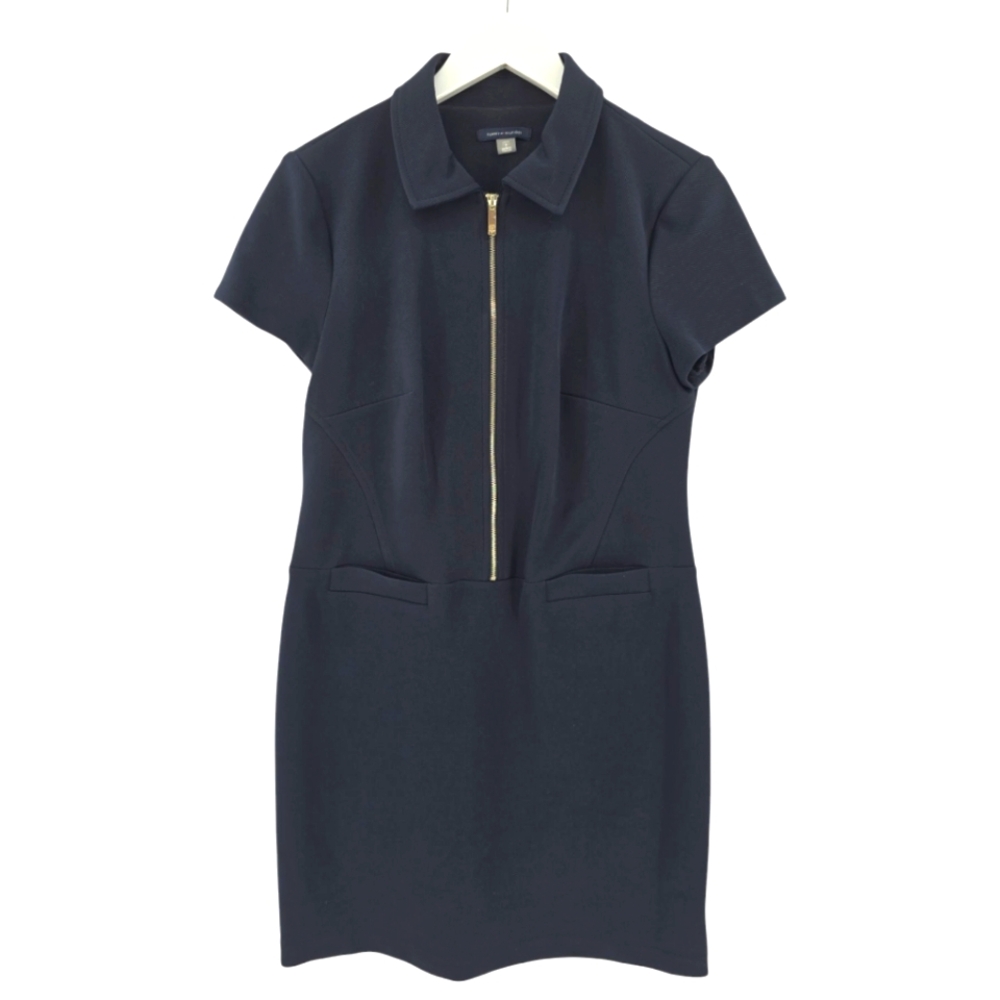 Tommy Hilfiger Scuba Shift Dress Size 8 in Navy Front Zip Gold Hardware